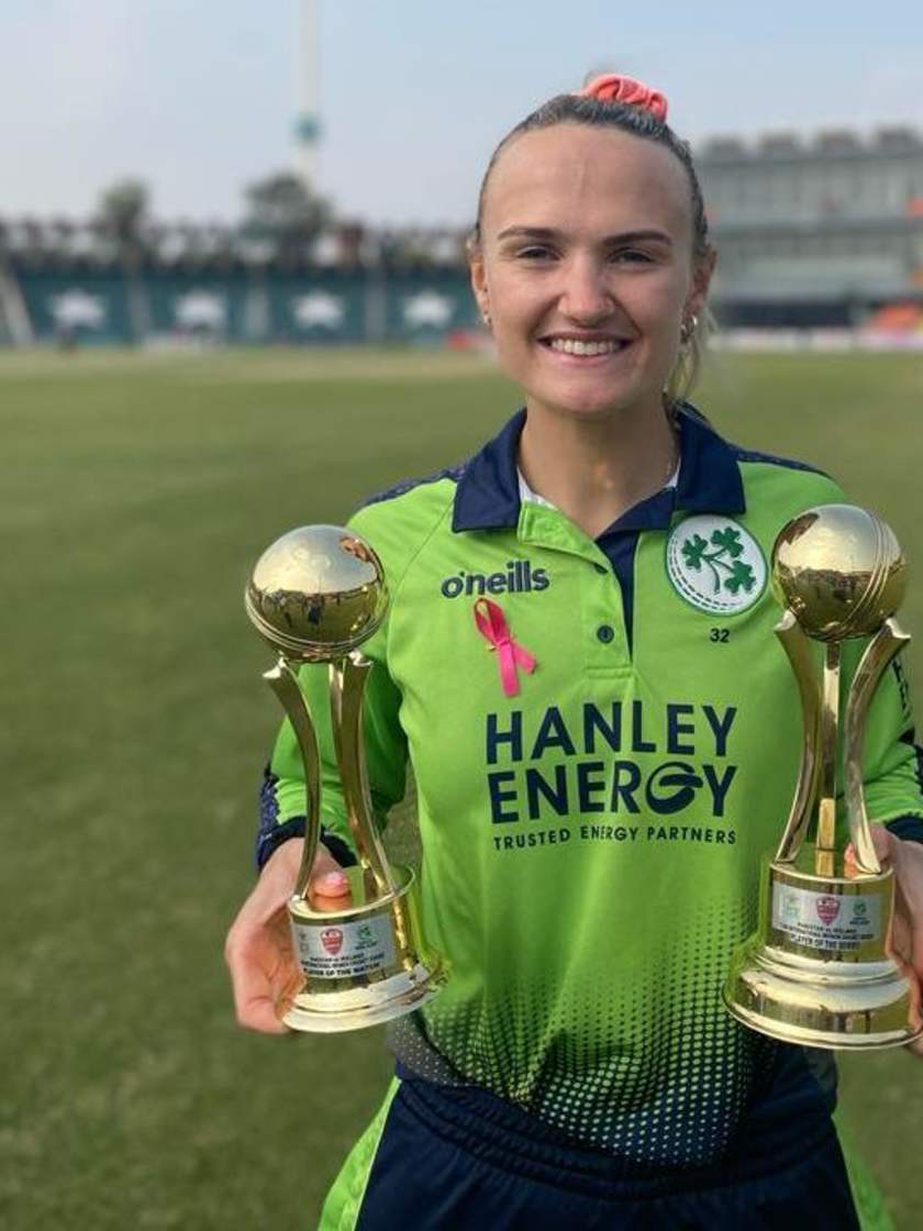 Gaby Lewis with Player of the Match and Player of the Series trophies (Pic credit: Ireland cricket)